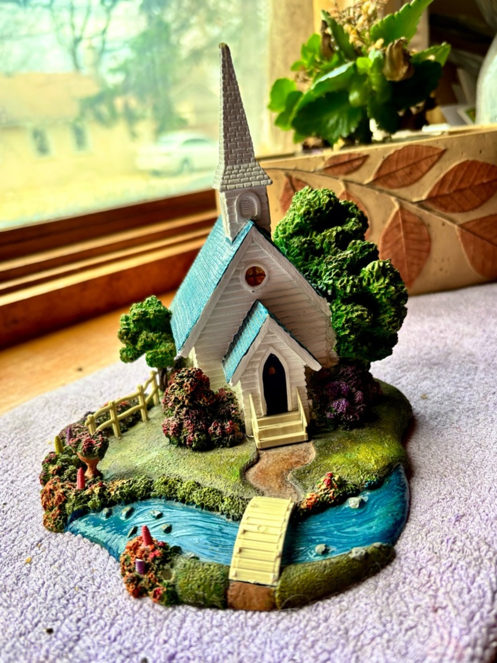 Miniature White Church Figurine with Blue Roof - Decorative Home Accent